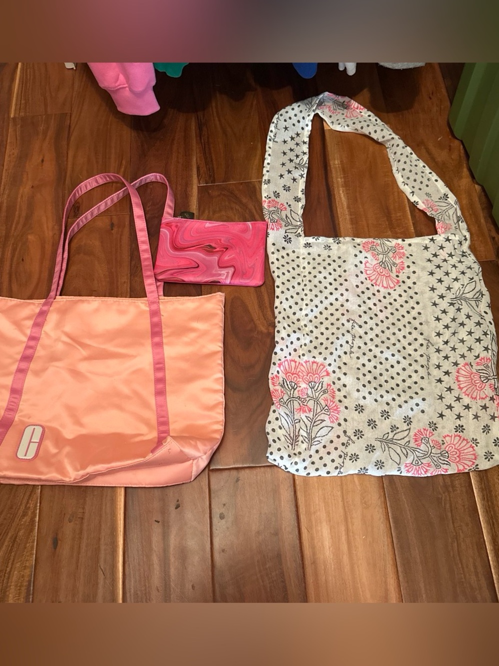 Free People Peach Pink Nylon Tote with Floral Canvas Shoulder Bag and Pink Pouch